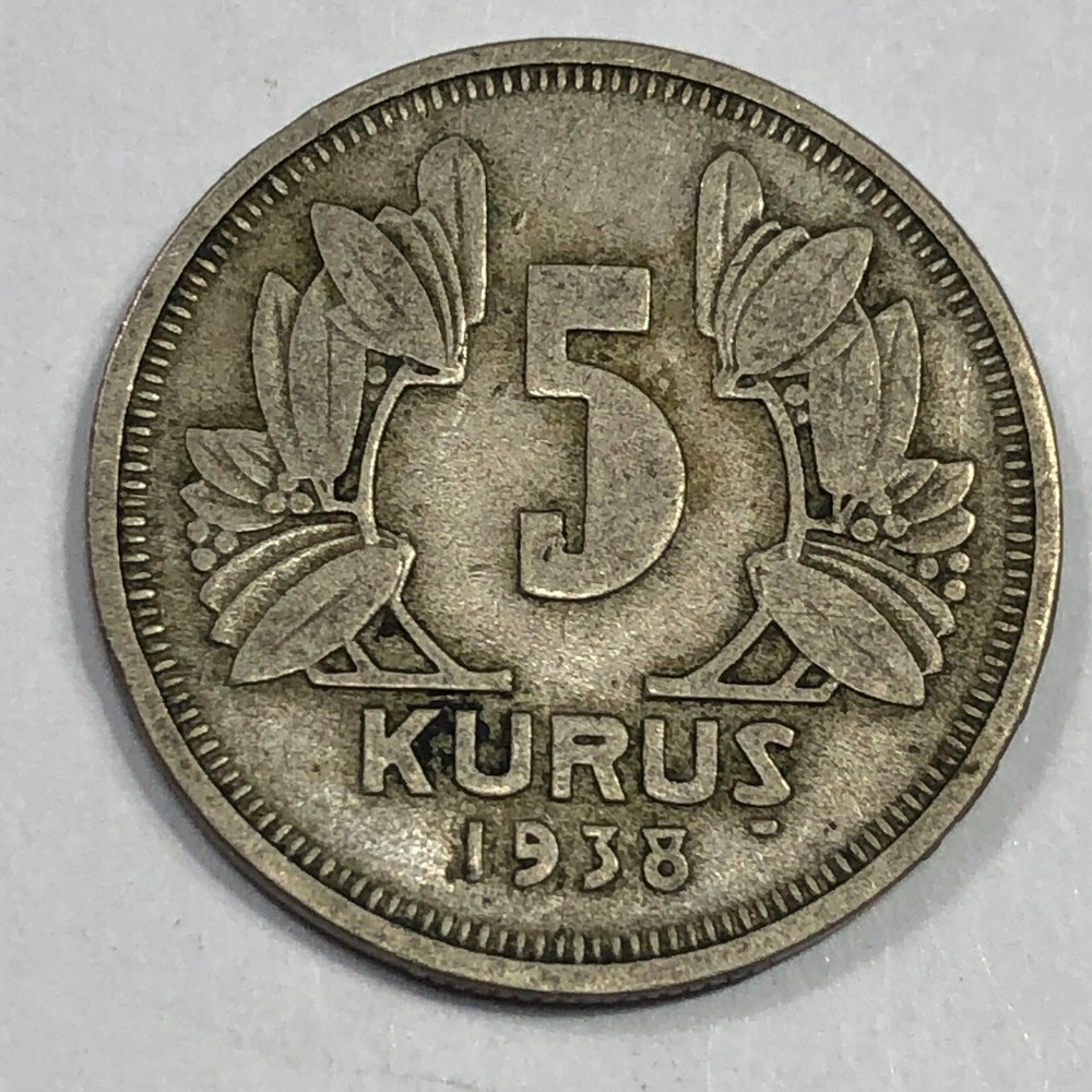 1938 Turkey Five Kurus Foreign Coin #2303