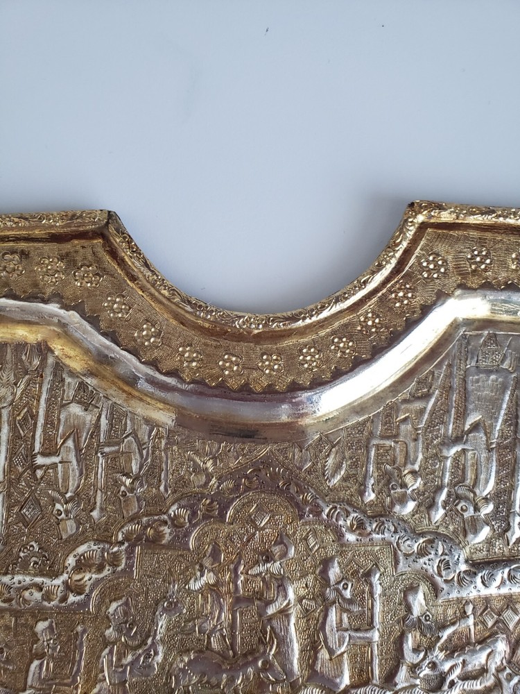 Handcrafted Middle Eastern Serving Tray. Ancient Vartan Embossed Gilded Plateau