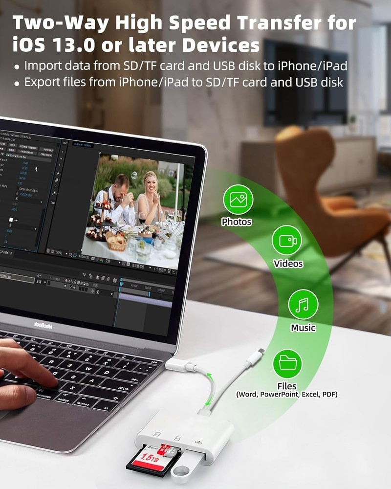 3-in-1 SD Card Reader & USB-C Adapter for iPhone & Digital Cameras - White