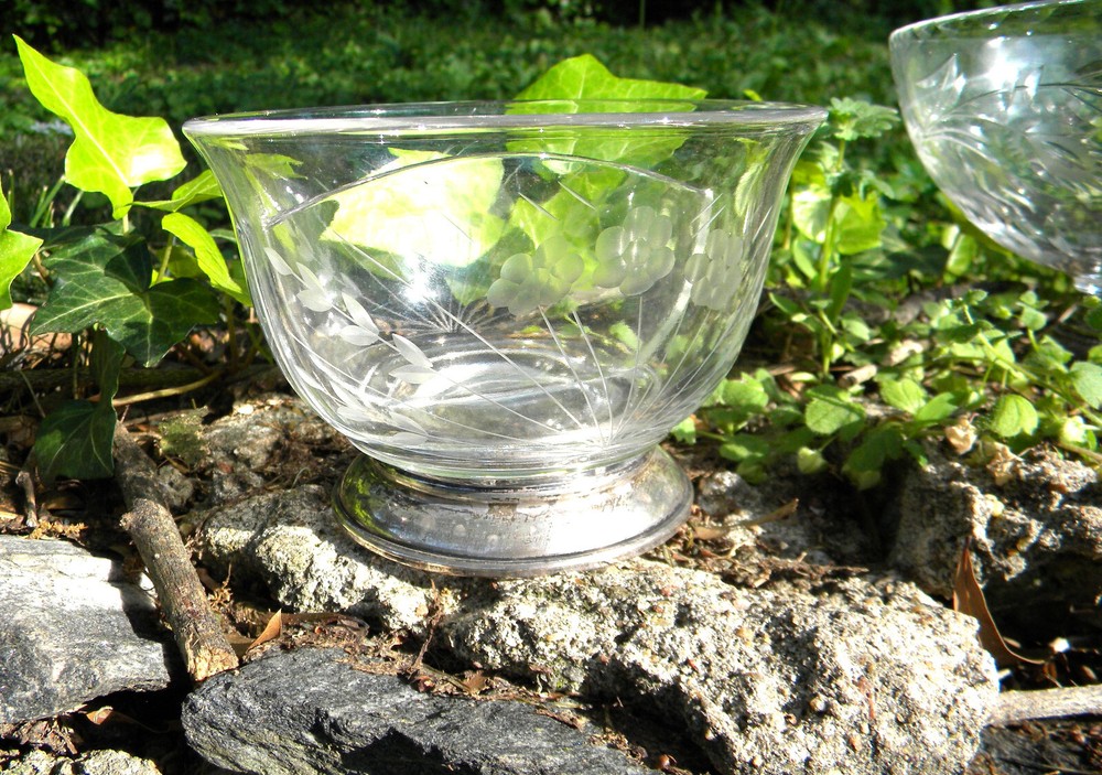 etched glass candy nut dishes with sterling bases