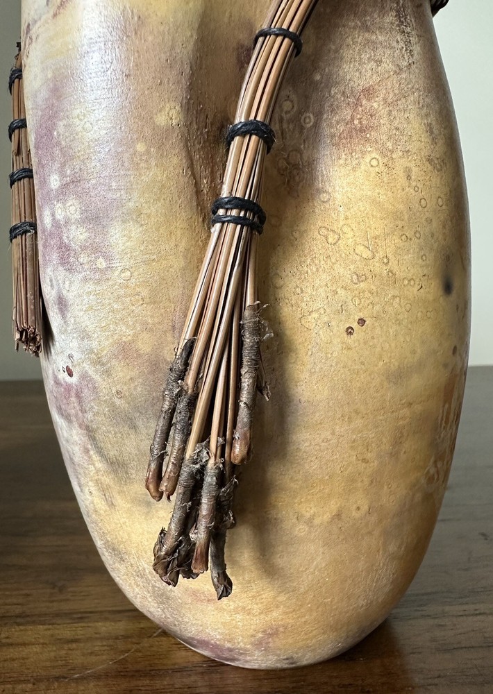 Pottery Vase Threaded Bamboo Rim, Primitive Pottery, Signed, Unique