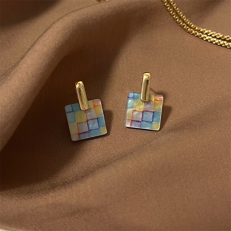 Square Multicolored Pendant Necklace Earring Set Multicolored Gold based