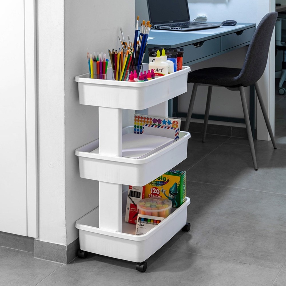 Arctic White 3-Tier Plastic Cart - Multipurpose, Rolling Design for Laundry