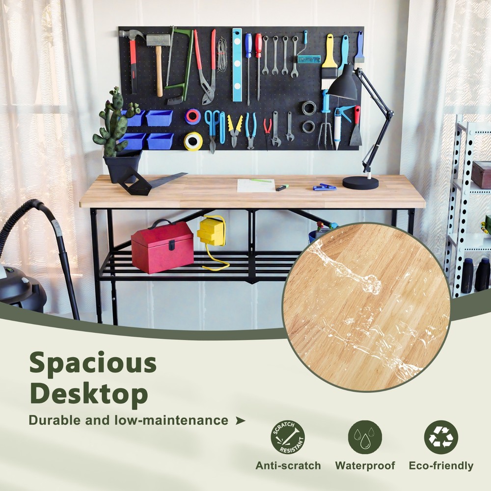 68.5" Foldable Hardwood Workbench Adjustable Solid Wood Top Workbench w/ Wheels