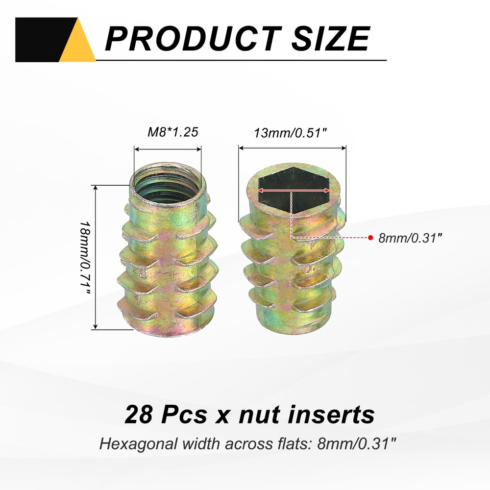 28Pcs Threaded Inserts for Wood, Zinc Alloy M8 Hex-Flush Thread Inserts 18mm