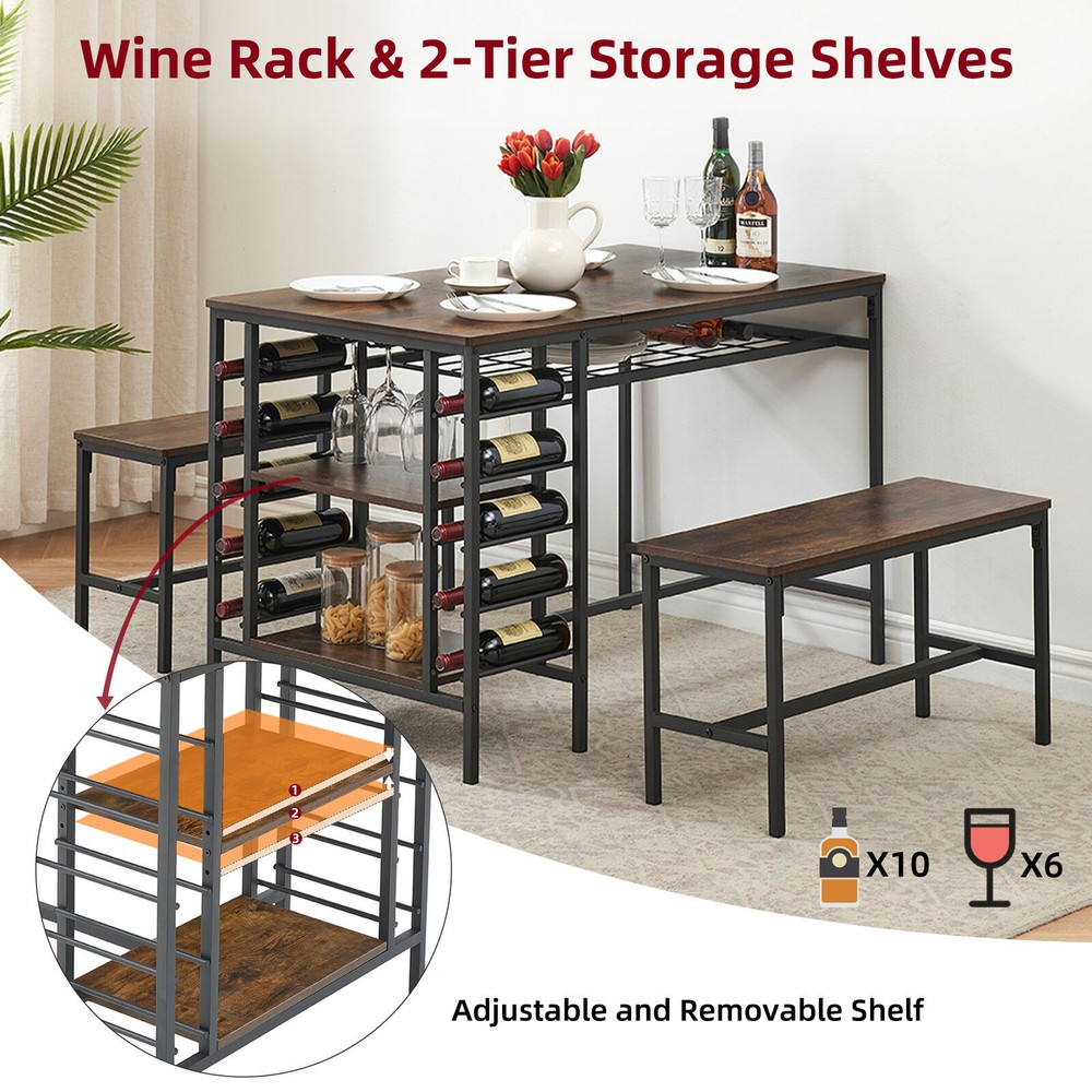 3 Piece Kitchen Dining Table Set for 4 with 2 Benches＆Wine Rack Rustic Brown