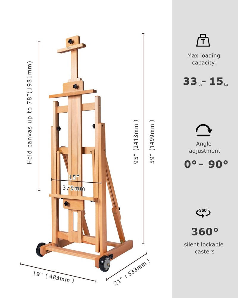Large H-Frame Easel, Versatile Adjustable Beech Wood Studio Easel for Paintin...