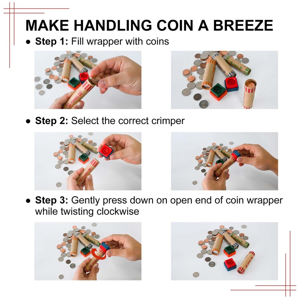 60 Assorted Coin Roll Wrappers with Color Coded Coin Wrapper Crimping Tool -(Qua