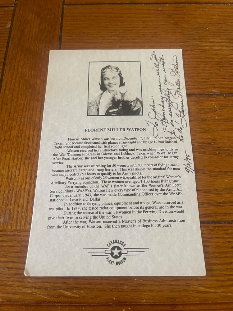 Vintage Cavanaugh Flight Museum Program FLORENCE MILLER WATSON Signed