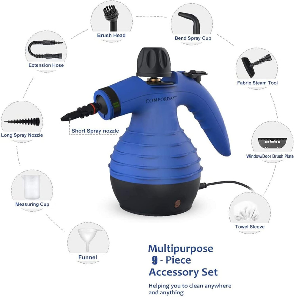 Handheld Pressurized Steam Cleaner - Multi-Purpose Steamer with 9-Piece Accessor