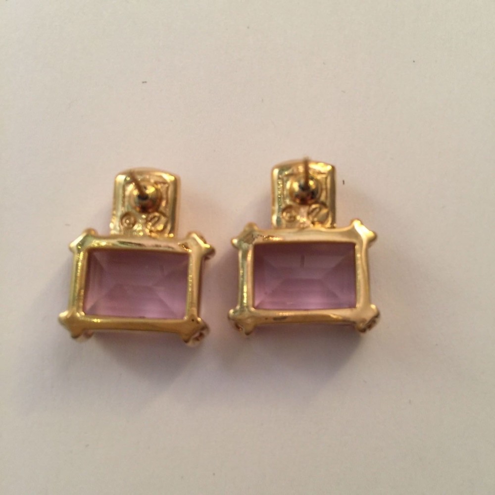 Signed Swan Swarovski Pink Rectangular Crystals with Clear Pave Pierced Earrings