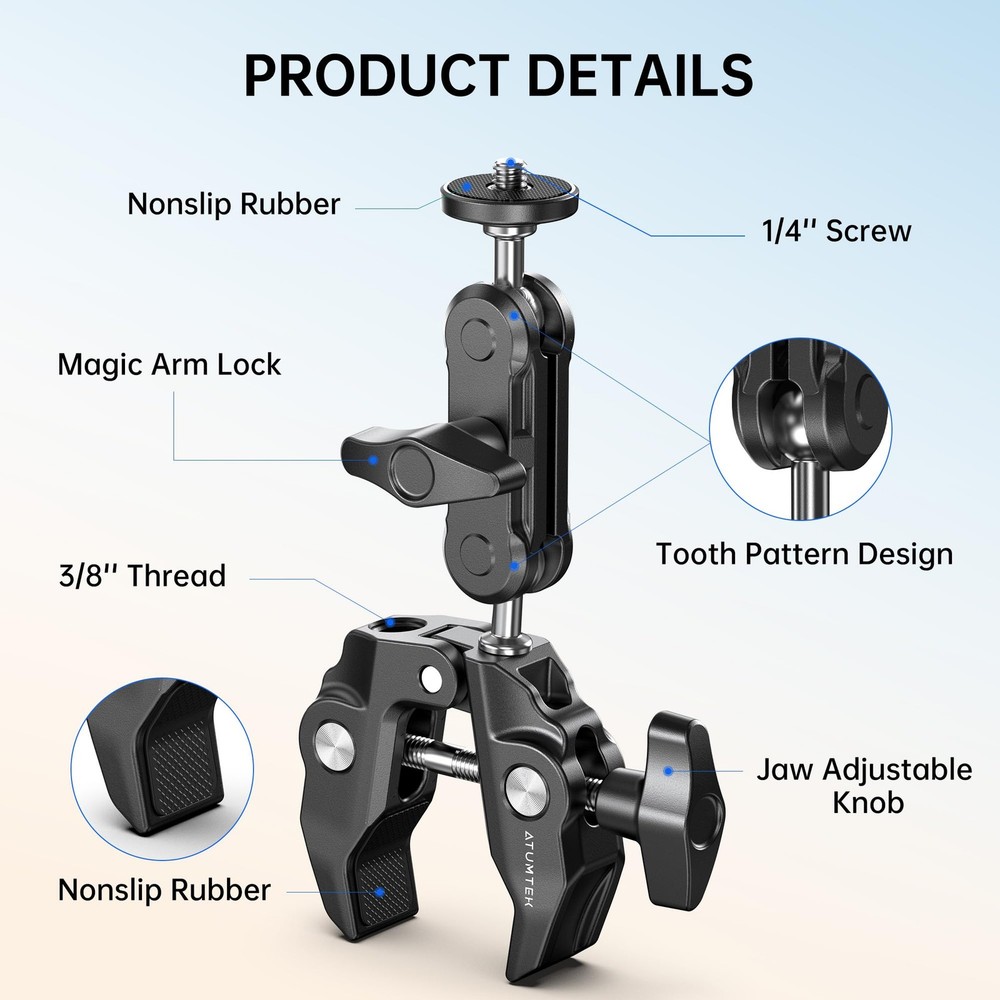 ATUMTEK Super Camera Clamp Mount with 1/4" and 3/8" Threads, Dual Black