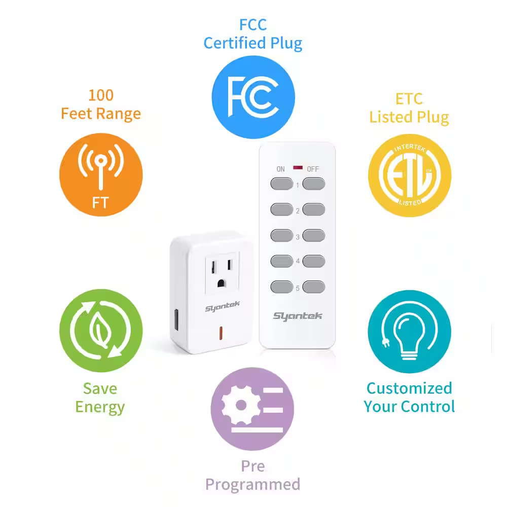 White 5 Socket 2 Remote Control Wireless Electrical Switch Set, 100 Feet Remote