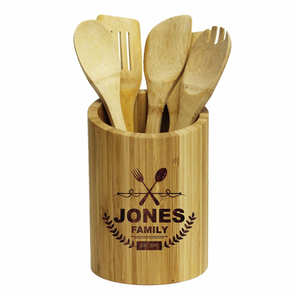 Personalized Kitchen Utensil Holder - Custom Engraved Bamboo Cooking Gift