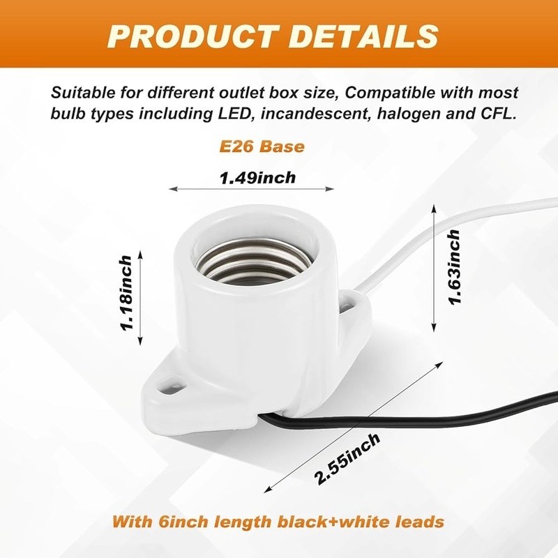 20 Pack Keyless Porcelain Light Socket E26 Replacement Garage Closet Use