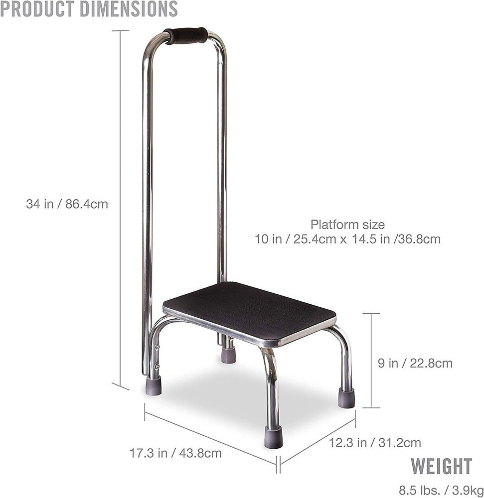 DMI Step Stool with Handle and Non Skid Rubber Platform, Lightweight Chrome