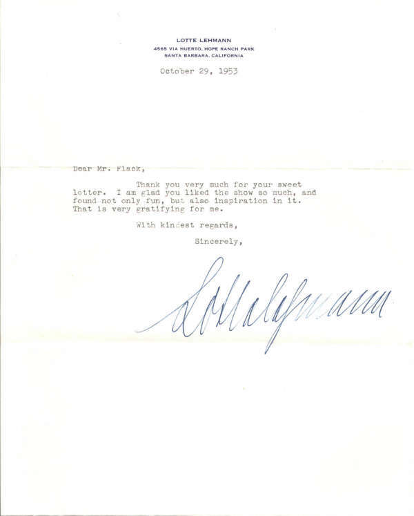 Lotte Lehmann D.1976 Soprano Signed Typed Letter