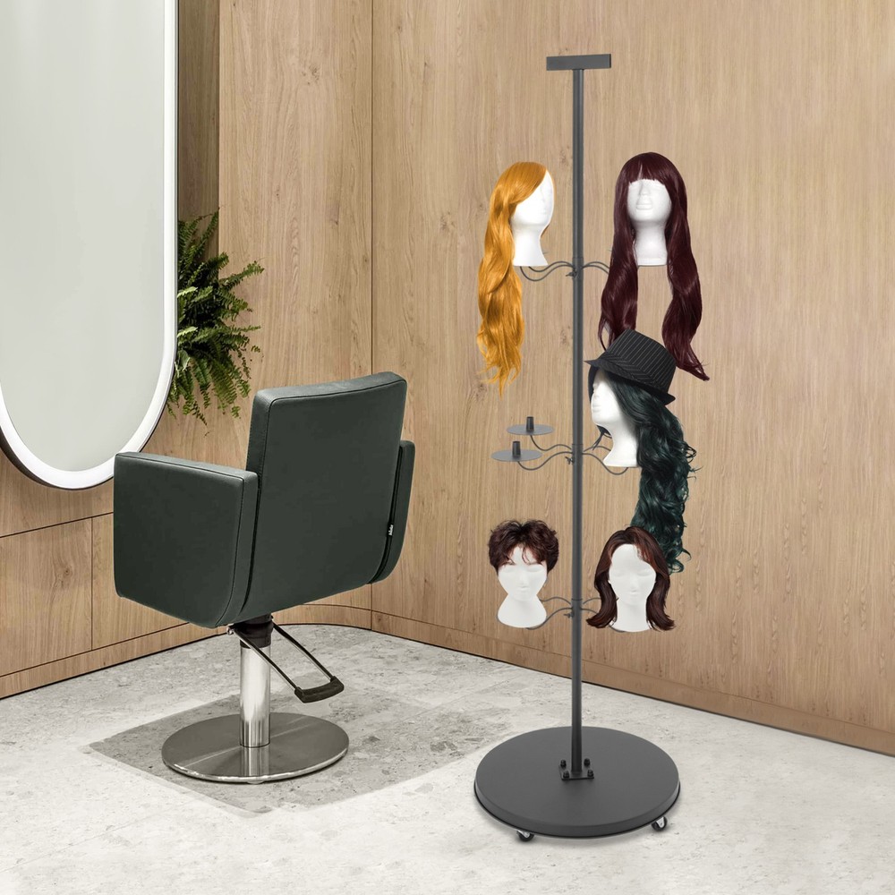 12-Head Adjustable Wig Display Stand with Lockable Wheels - Modern Iron Design
