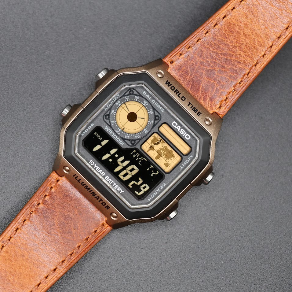 CASIO AE-1200WHD. Royale Watch Mod. Gold Filter. Leather Strap. Negative Display