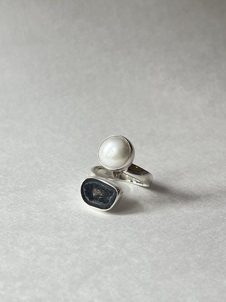 Pearl & Geode Adjustable Ring 925 Sterling Silver Size 7