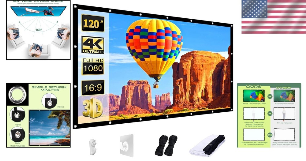 120 Inch Projector Screen | Thickened Washable Polyester | 16:9 Foldable HD C...