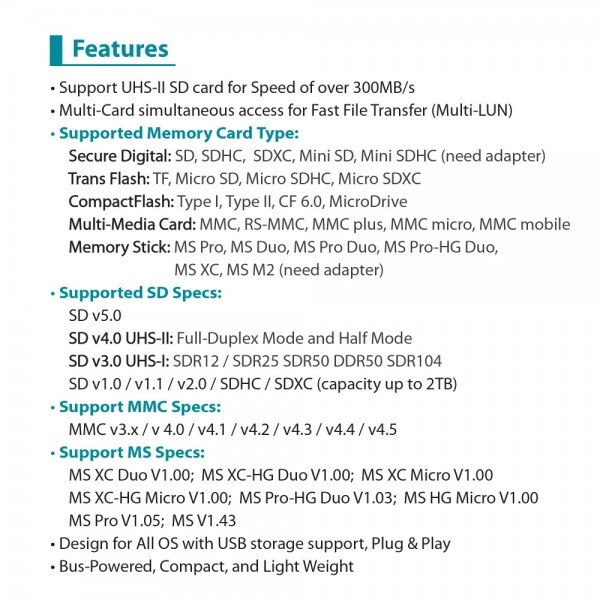 Vantec USB 3.0 Multi-Card Reader UHS-II (SD 4.0, Multi-LUN)
