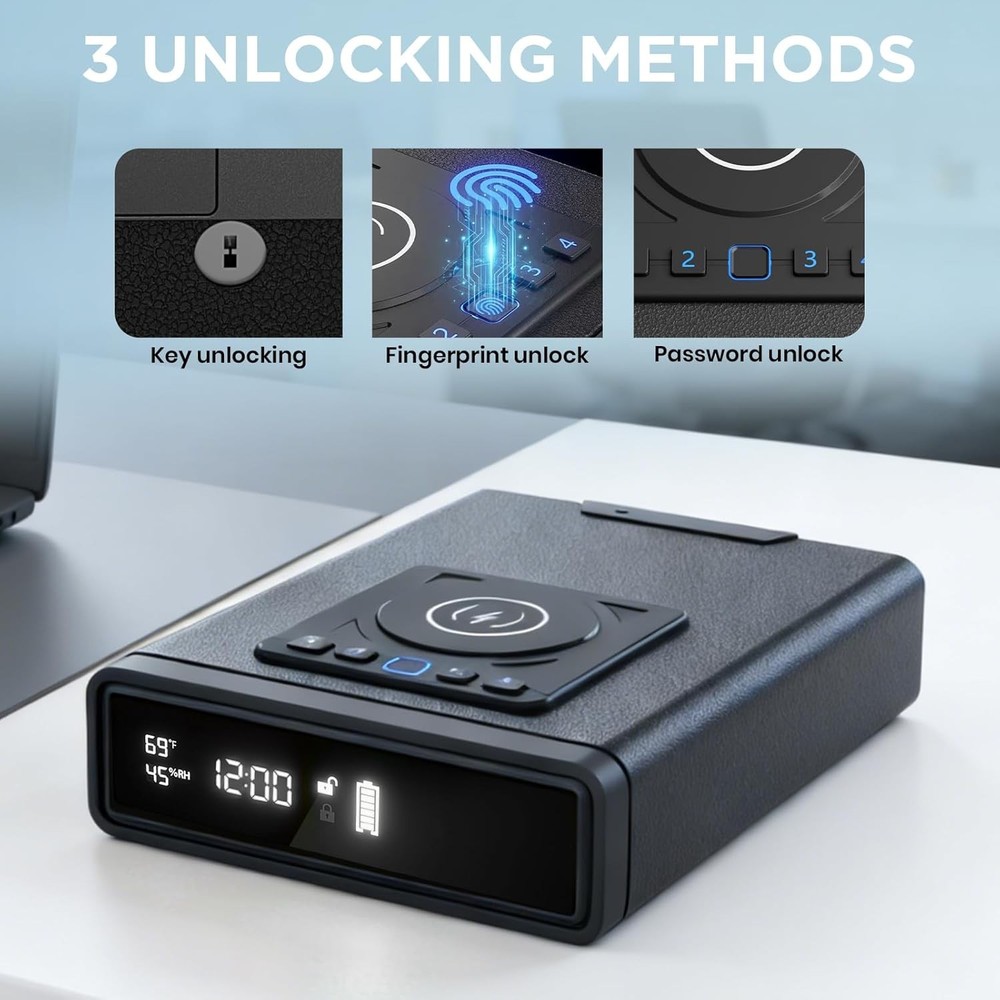 Biometric handgun safe: 3 unlocking methods, wireless charging.