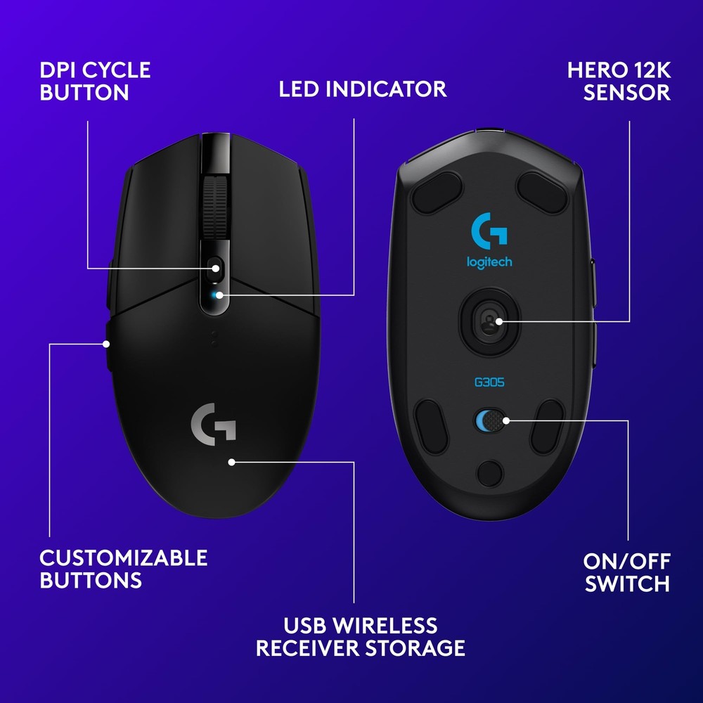 Logitech G305 LIGHTSPEED Wireless Gaming Mouse, HERO 12K Sensor, 12,000 DPI