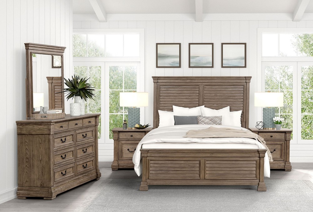 Weathered Brown Eastern King Size 4pc Bed Set Transitional Bedroom Furniture