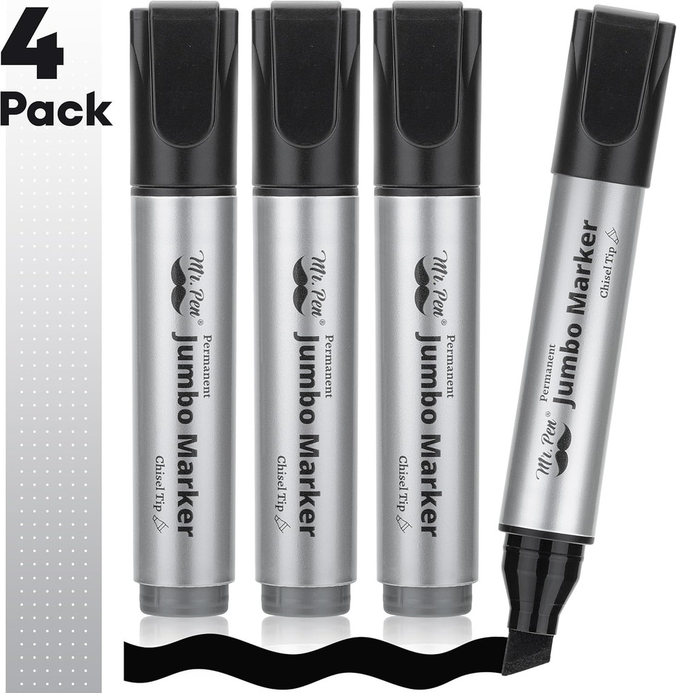 - Jumbo Permanent Markers, 4 Pack, Black, Chisel Tip, Wide Tip, Large, Thick Per