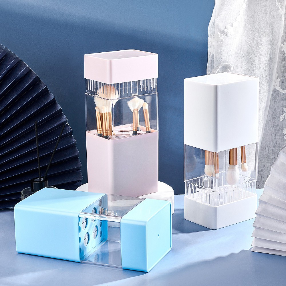 1pc ABS with Plastic Cosmetic Brush Storage Container Rectangle White