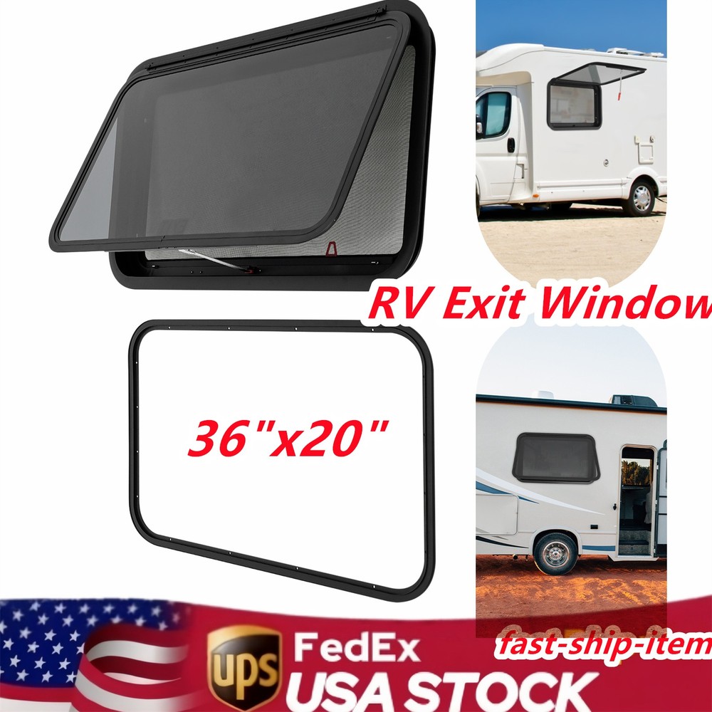 36" x 20" RV Exit Window with Trim Ring & Screen for Campers and Trailers