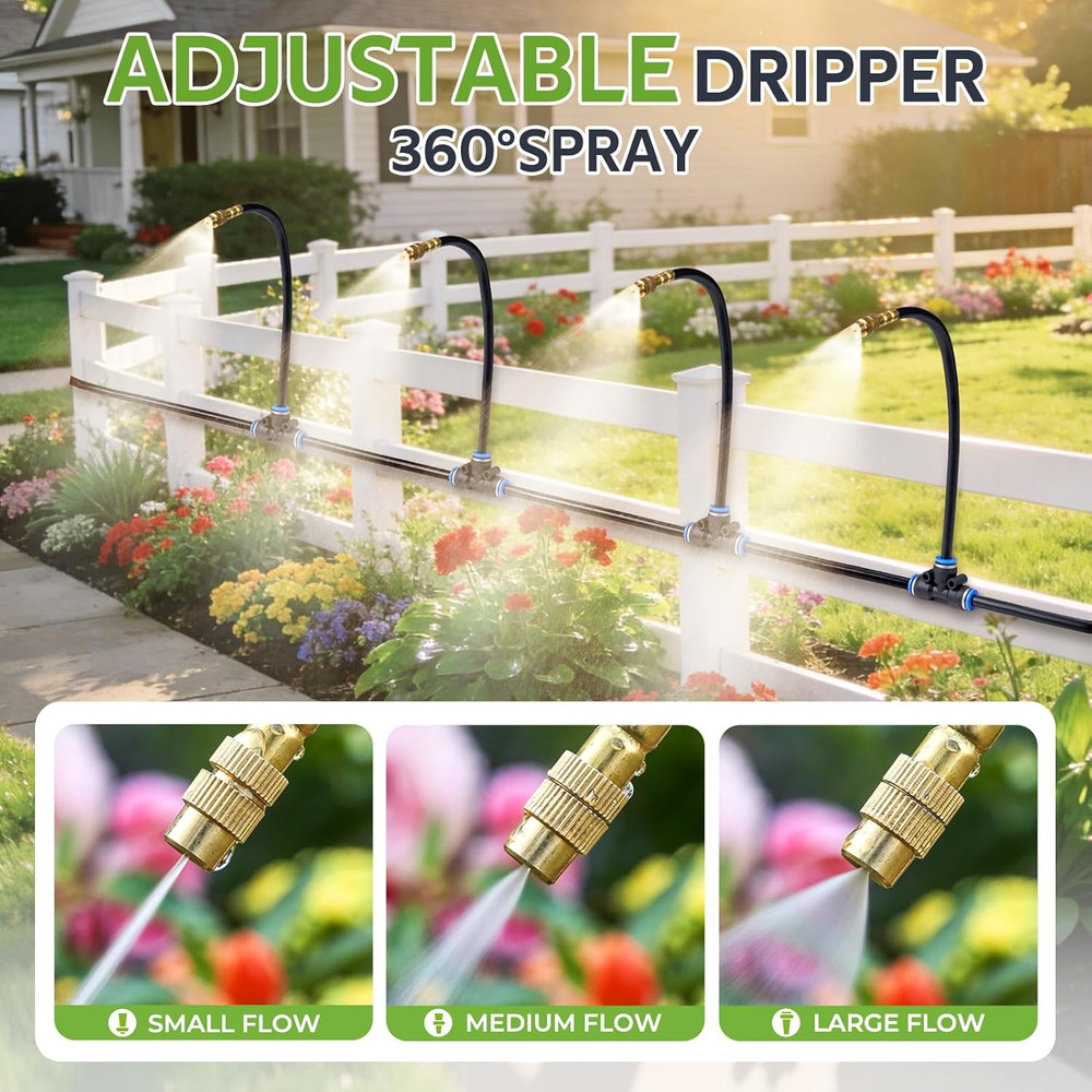 360° Adjustable Drip Irrigation System 100FT, 1/4" Tubing with Adjustable Copper