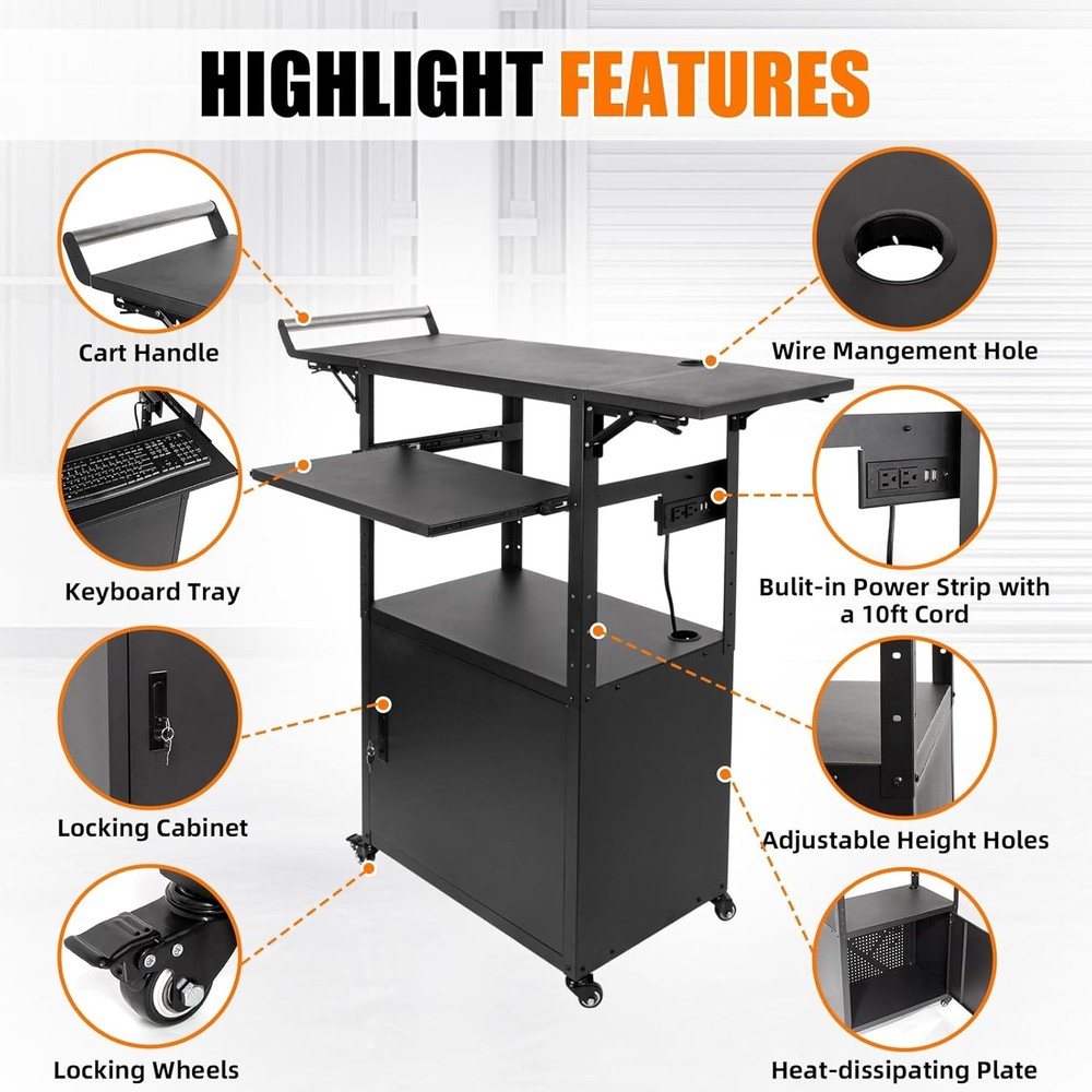 Rolling Computer Cart with Locking Cabinet Drop Leaves