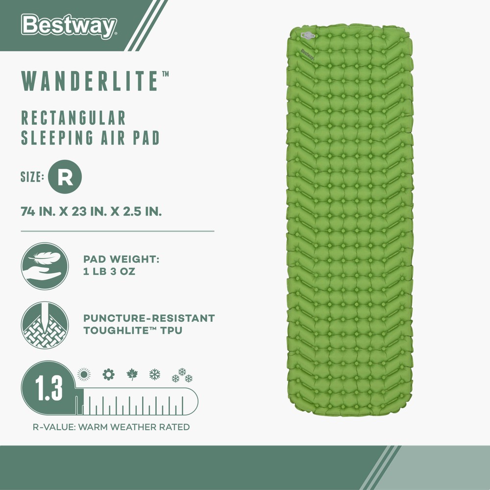 Bestway WanderLite Regular Rectangular Sleeping Air Pad with Storage Bag, Green