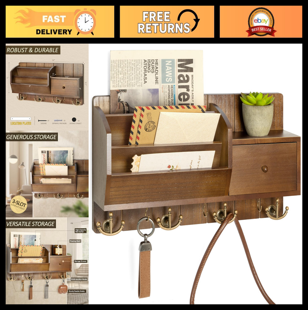 Wall Mount Key Holder with Mail Sorter - Rustic Organizer with Hooks & Drawer
