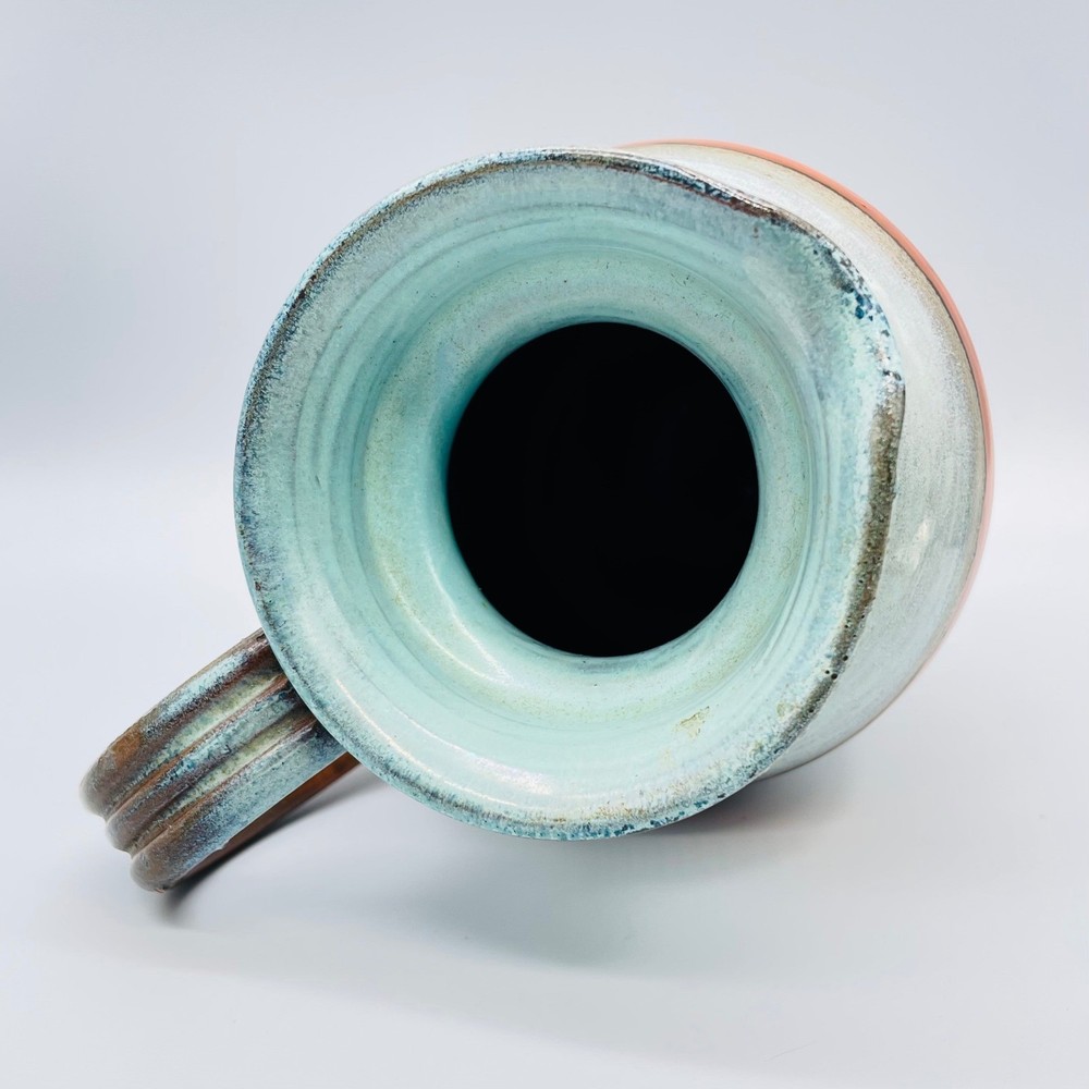Handmade Ceramic Pitcher Blue Green Orange Striped Decorative Jug