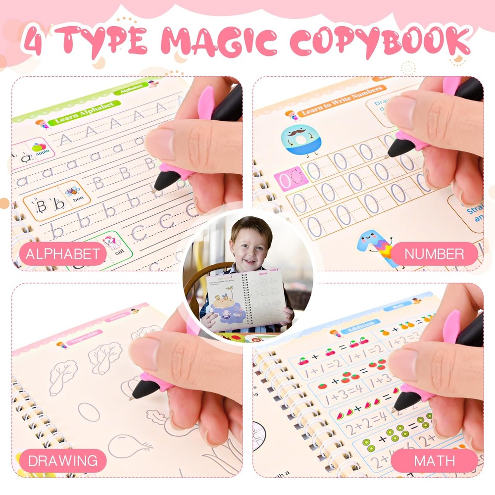 4 Pc Magic Grooved Practice Copybook,Reusable Small-(5.1in×7.3in)