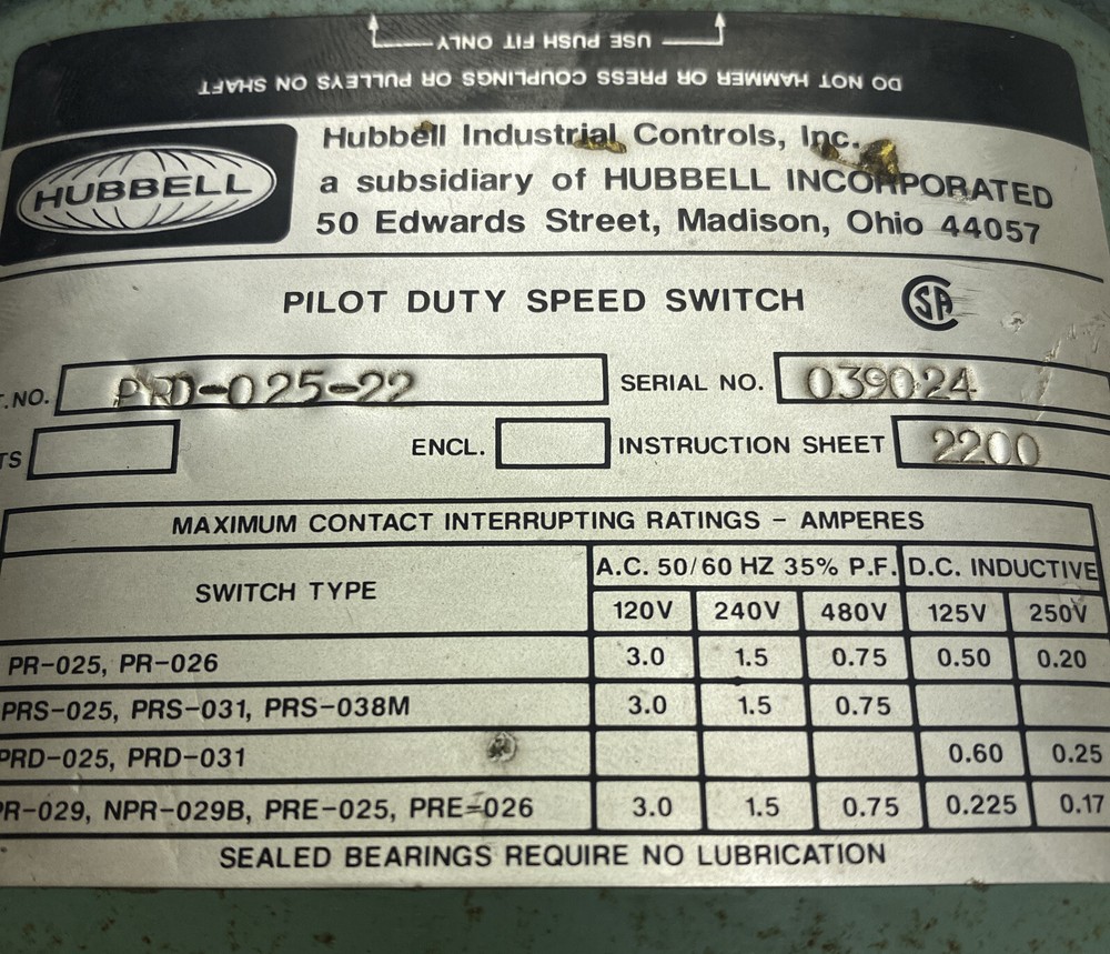 Hubbell,PRD-025-22,Pilot Duty Speed Switch Refurbished