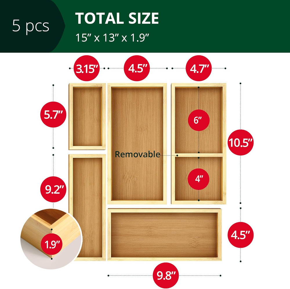5-Piece Bamboo Drawer Organizer Set – Multi-Use Storage Trays for Kitchen, Ba...