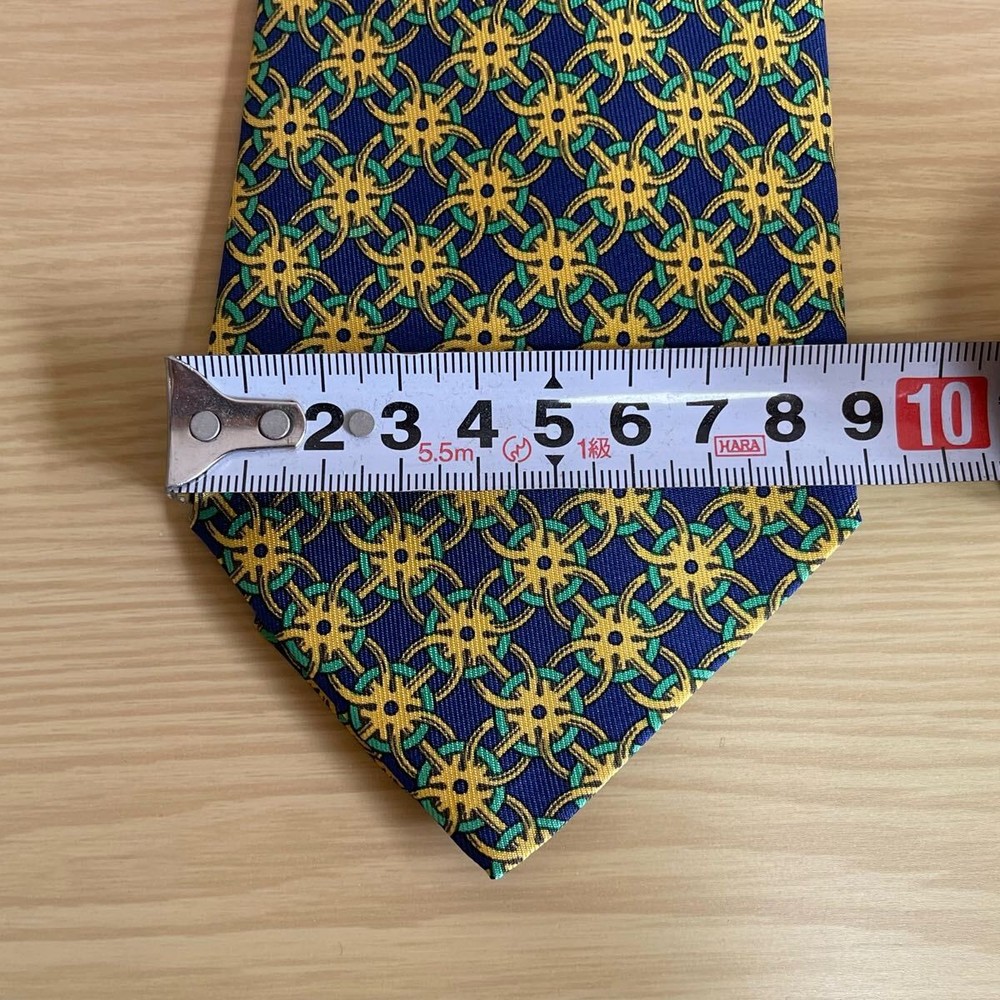 HERMES Blue Gold Green Gear Pattern Tie