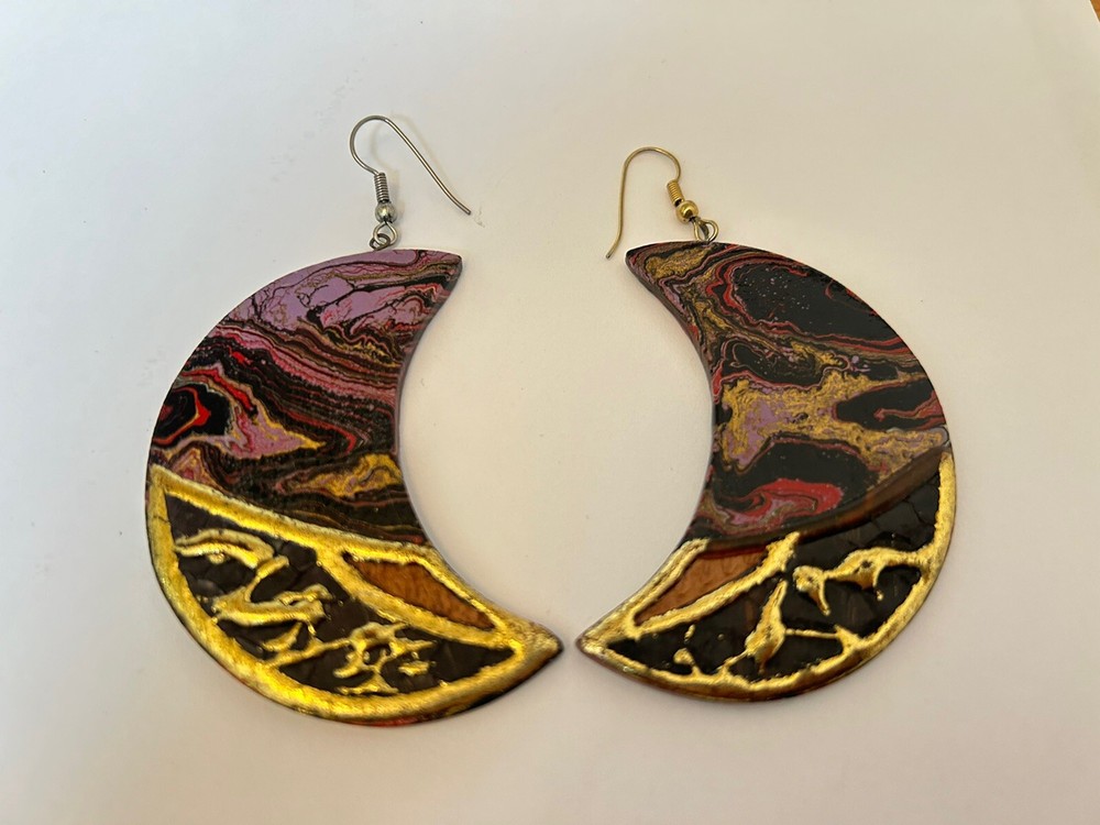 Vintage Half Moon Handpainted Chunky Earrings E2
