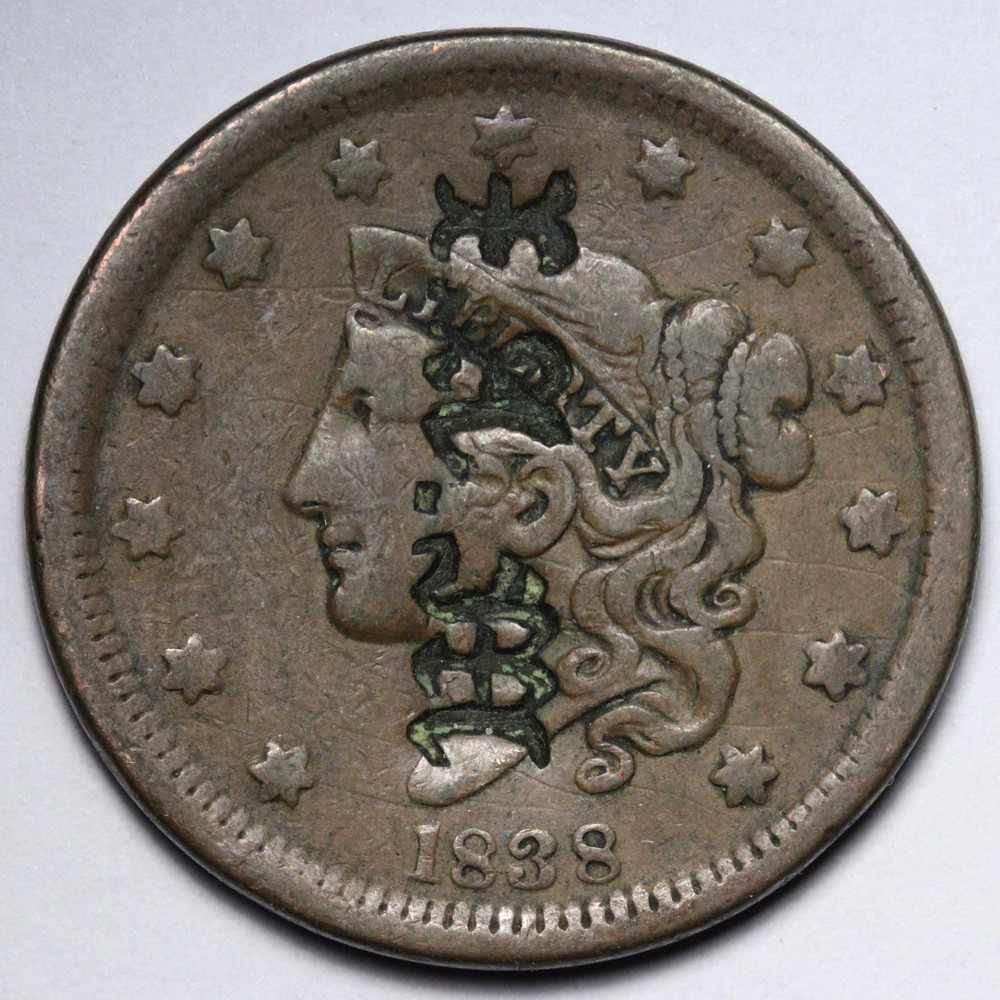 1838 Coronet Head Large Cent NEAT COUNTERSTAMP E107 VQNN