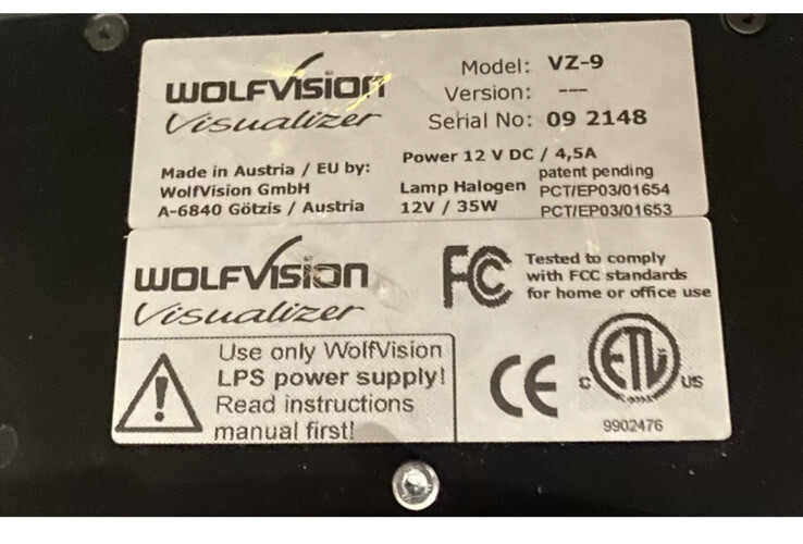WolfVision VZ-9 Projector Portable Document Camera With Working Lamp