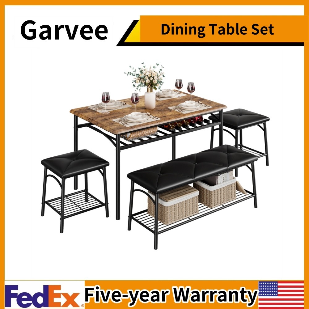 Kitchen Table Set for 4 Dining Table with Bench and 2 Square Stools Storage NEW
