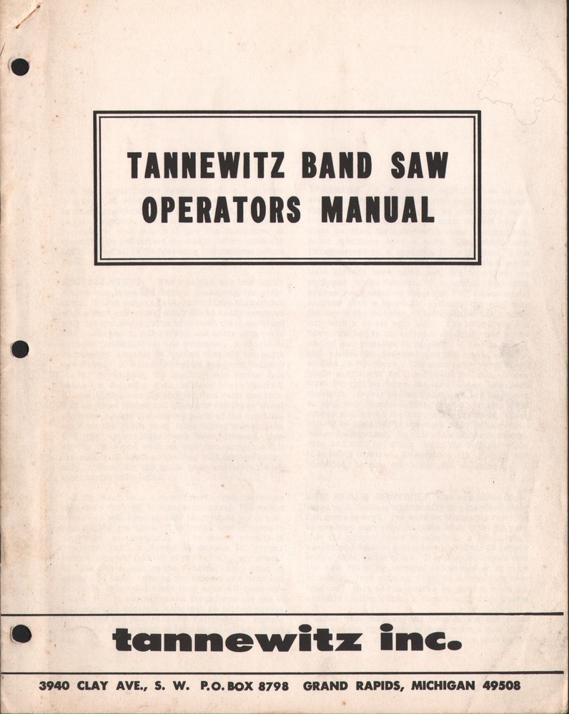 Tannewitz Bandsaw Operators Manual PDF