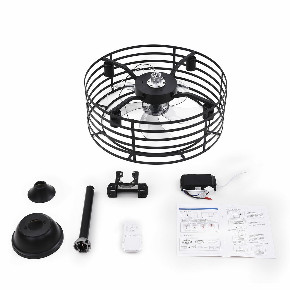 20" Rustic Caged Bladeless Ceiling Fan with Light Remote Control Flush Mount Fan