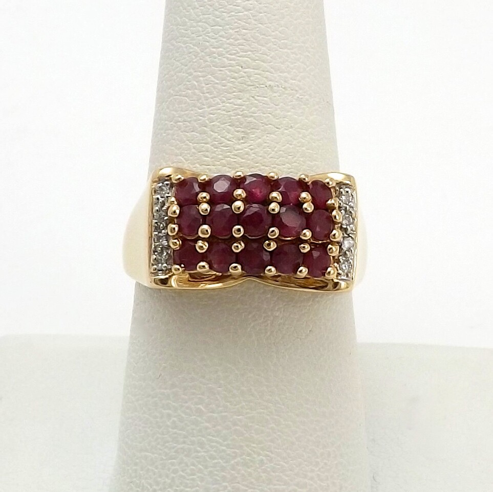 14k Gold Natural Ruby Diamond Ring High Set Triple Row Setting