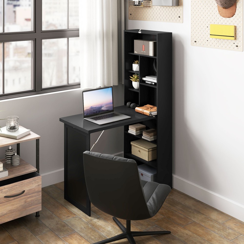Convertible Desk with Blackboard & Shelf Multi-Function Table, Black