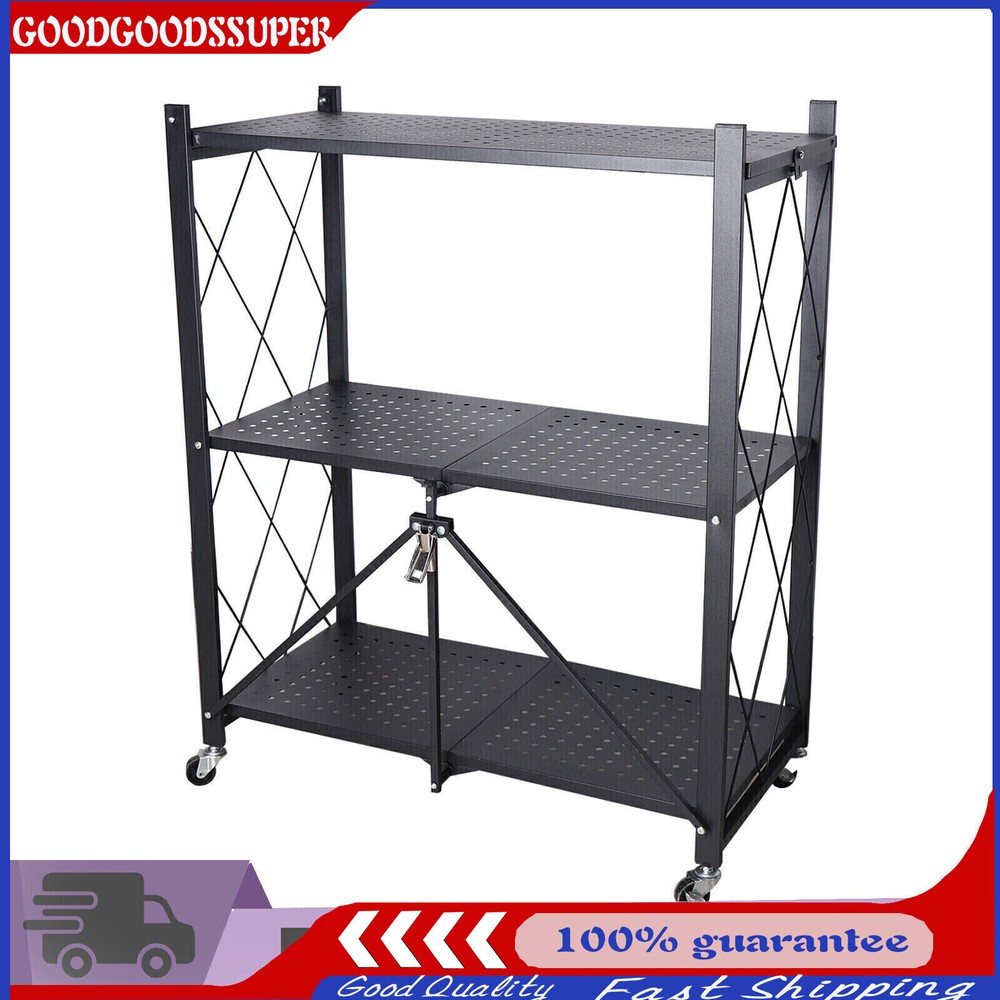 Foldable 3-Tier Metal Storage Rack Shelves Kitchen Storage Organizer Home Stand